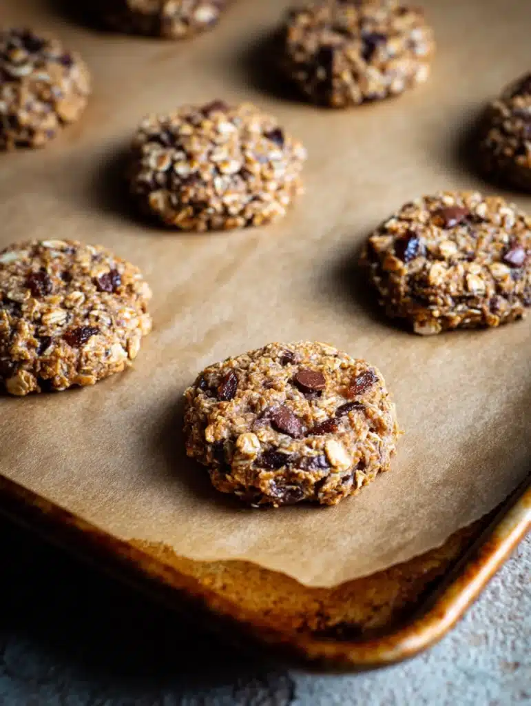 Unbaked oatmeal chia cookies on parchment-lined baking tray with oats and chocolate chips.