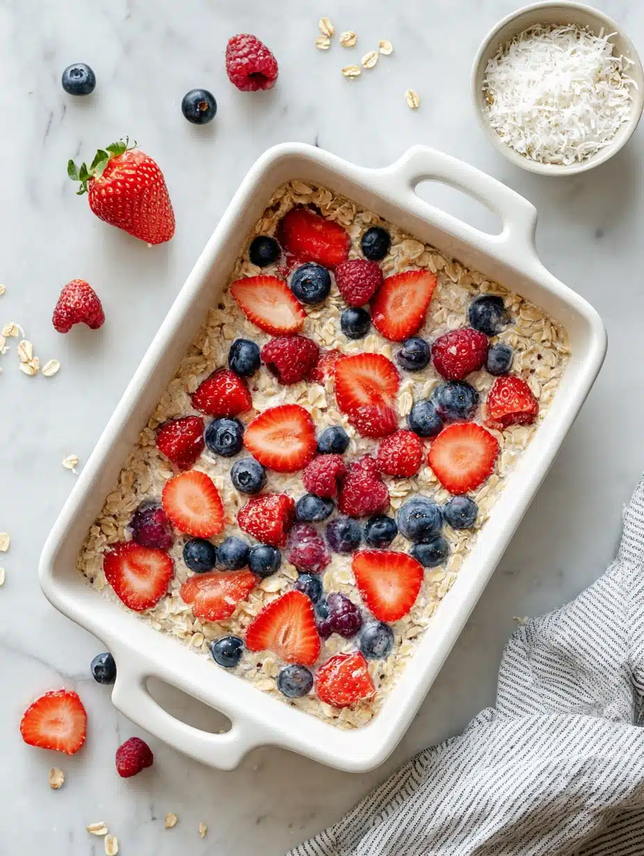 Unbaked oatmeal with berries in white ceramic baking dish