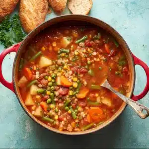 Overhead view of hearty vegetable barley soup in a red Dutch oven with carrots, potatoes, and barley