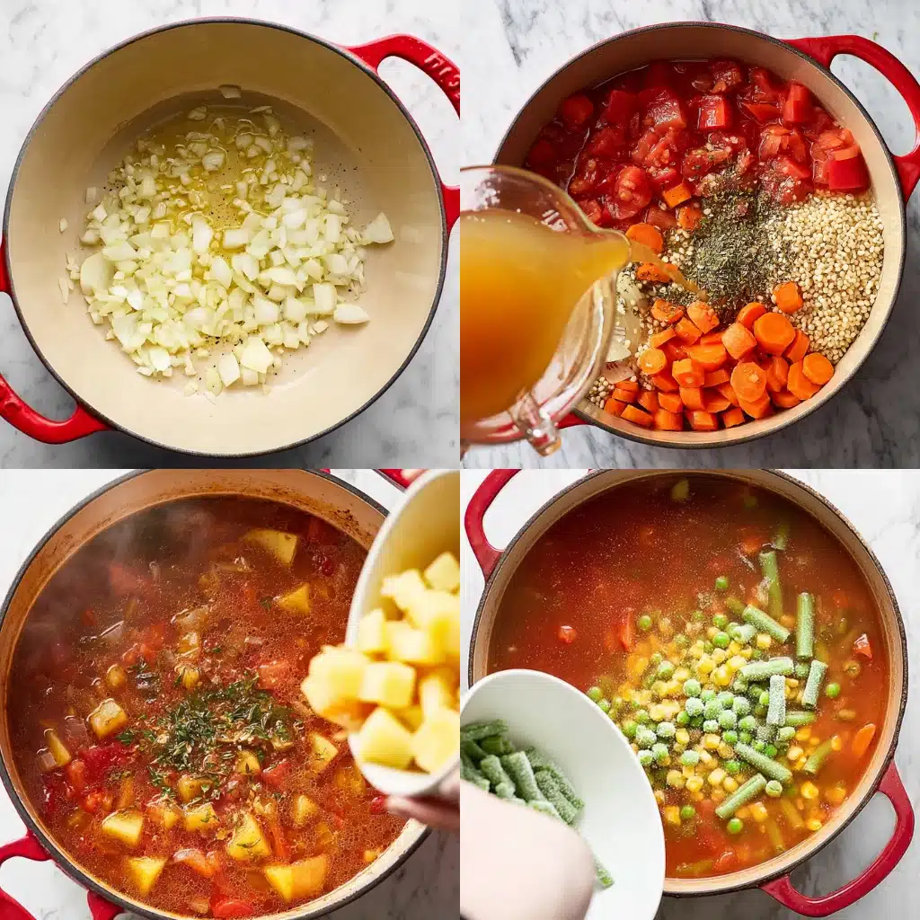 Step-by-step collage showing how to make vegetable barley soup in a red Dutch oven