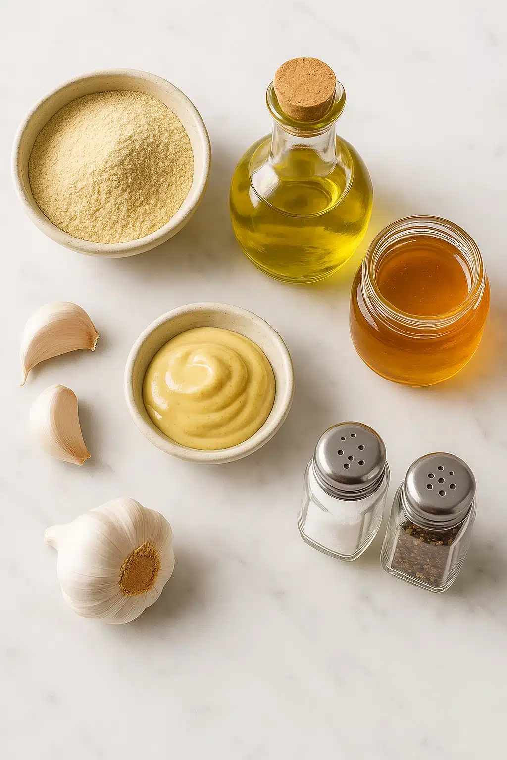 Ingredients for yeast beta-glucan salad dressing on marble background