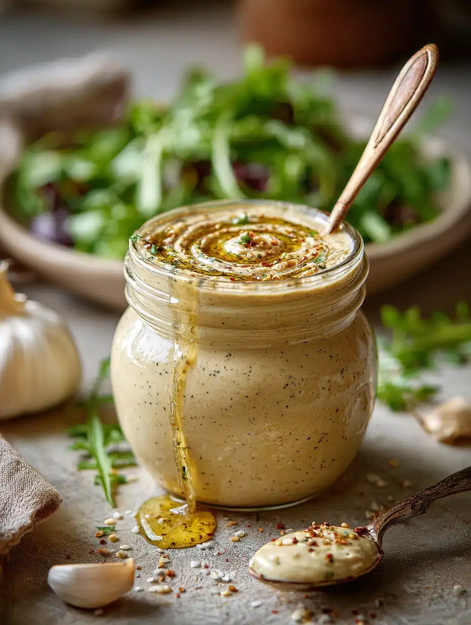 Yeast beta-glucan salad dressing with spoon and salad leaves in background