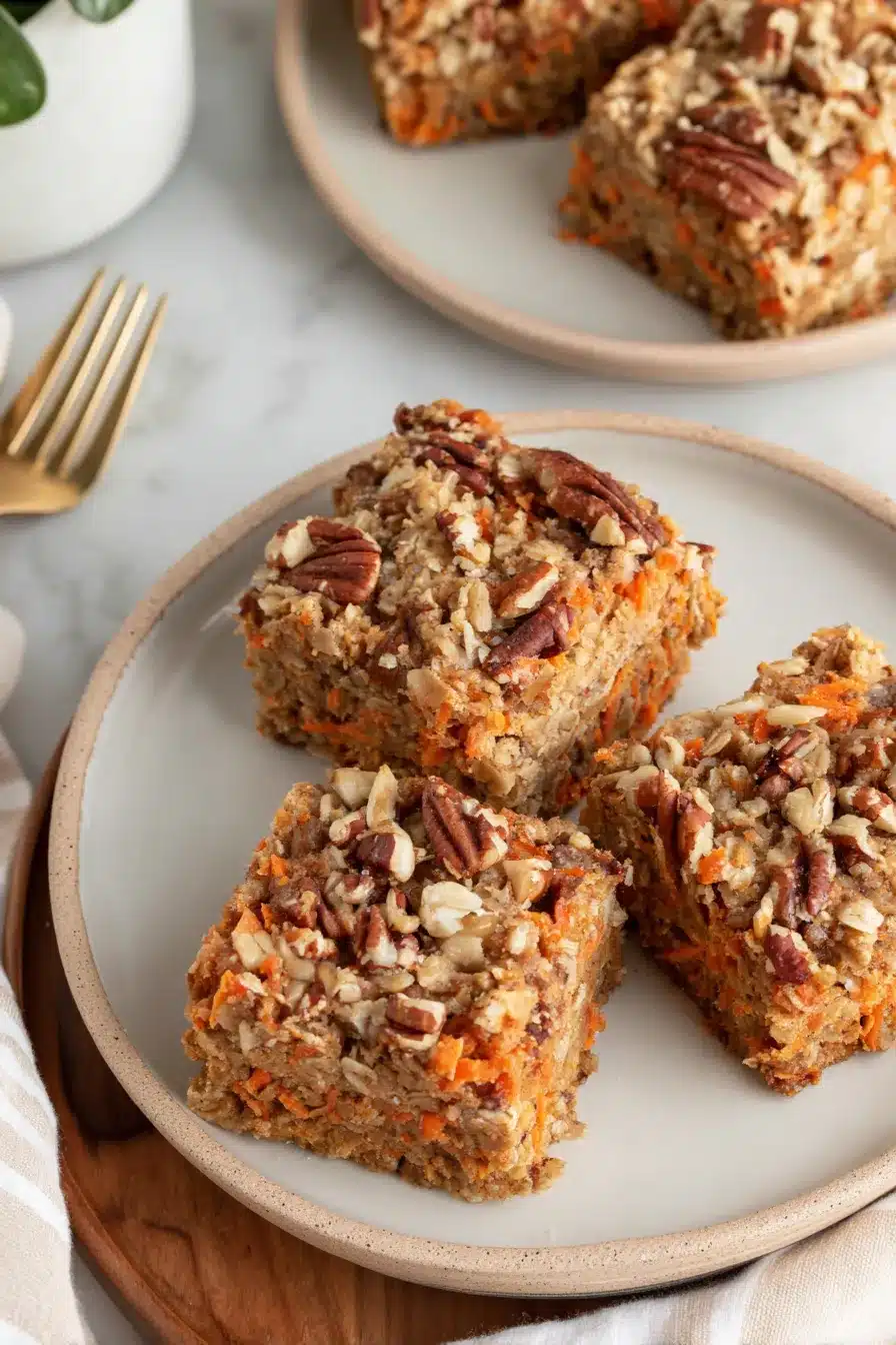 Carrot cake baked oatmeal squares with chopped pecans and carrots