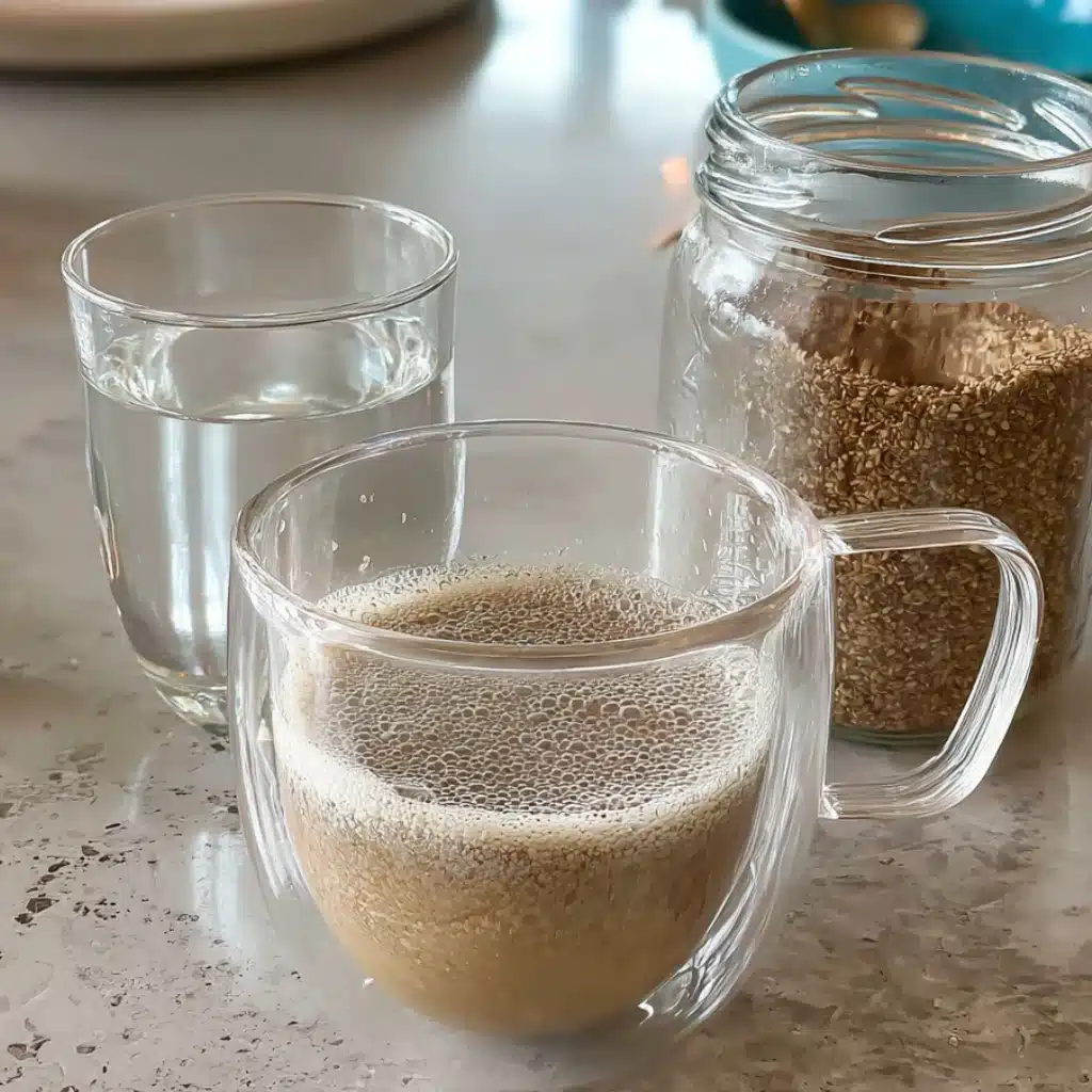 Double-walled glass cup filled with Bariatric Seed Trick drink, cloudy and foamy on a marble counter with seed mix jar.