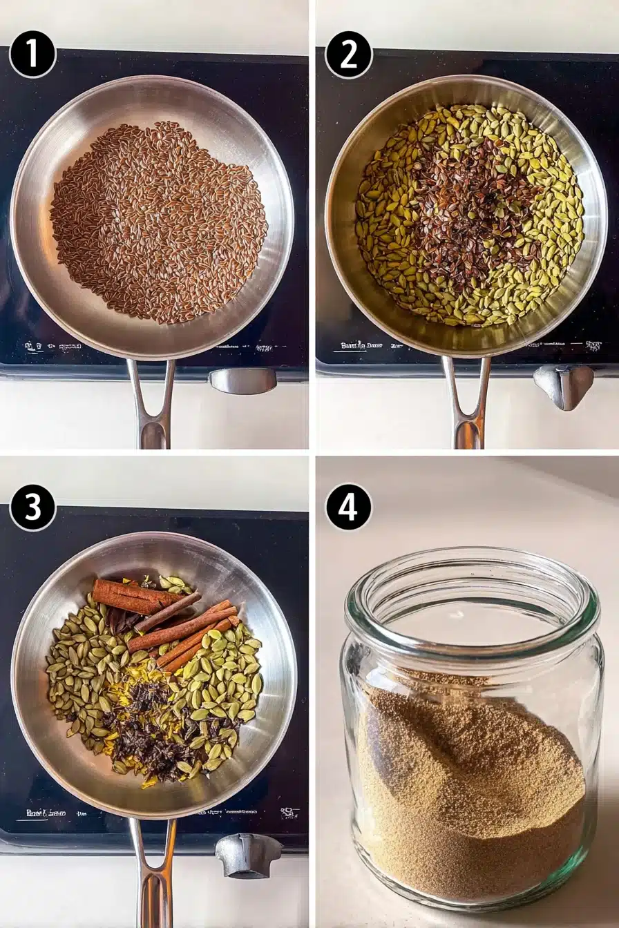 Four-step preparation of the Bariatric Seed Trick seed mix with toasting, grinding, and storage.