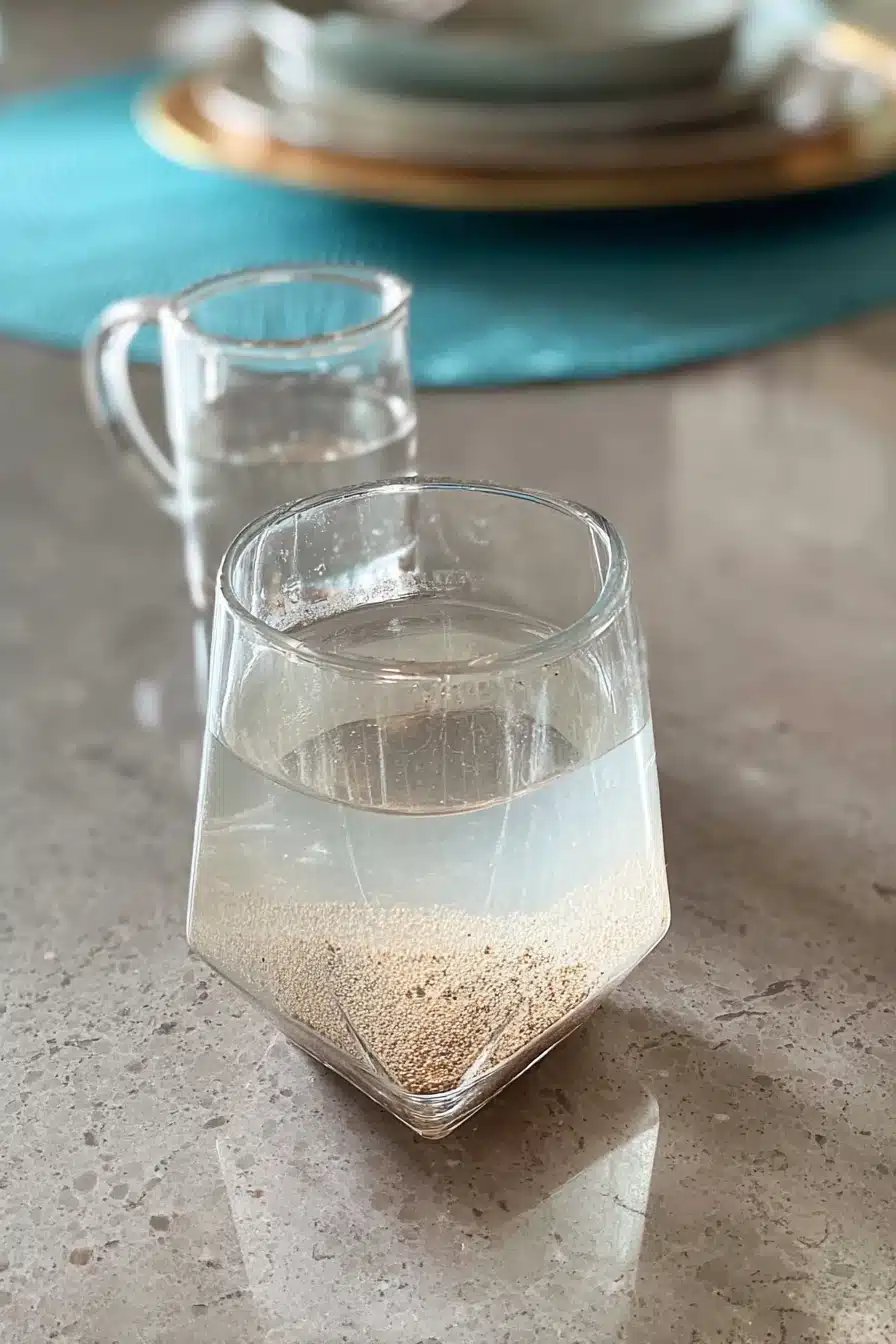 Geometric glass filled with water and Bariatric Seed Trick mix, showing sediment settling at the bottom.
