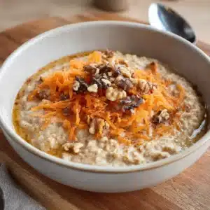 Creamy carrot cake oatmeal topped with shredded carrots and walnuts