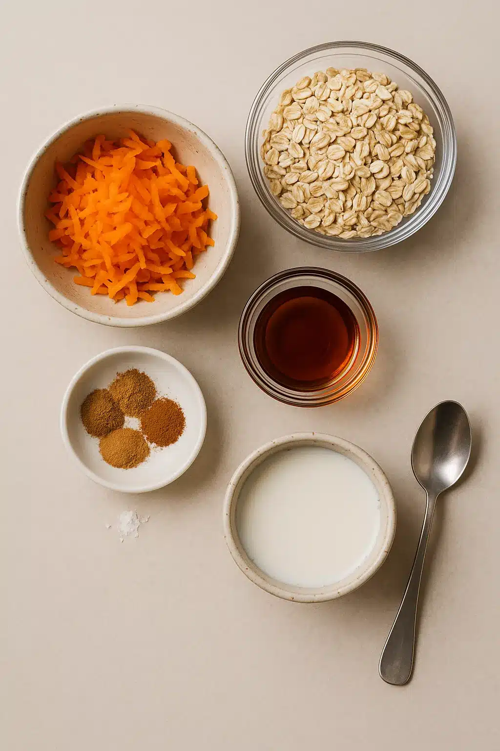 Ingredients for carrot cake oatmeal including oats, carrots, spices, milk, and maple syrup