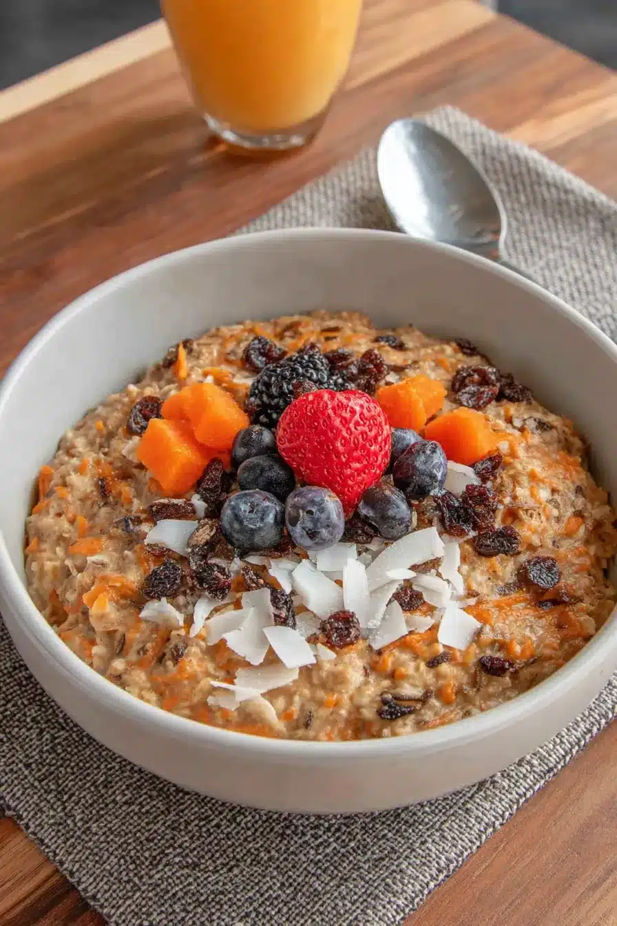 Carrot cake oatmeal with fresh berries, raisins, mango, and coconut flakes