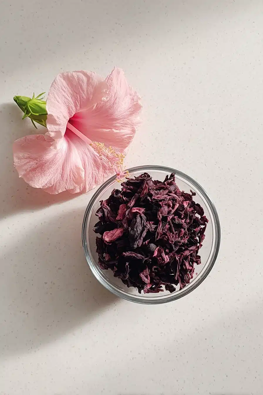 Dried hibiscus petals and fresh pink flower for hibiscus tea recipe for weight loss