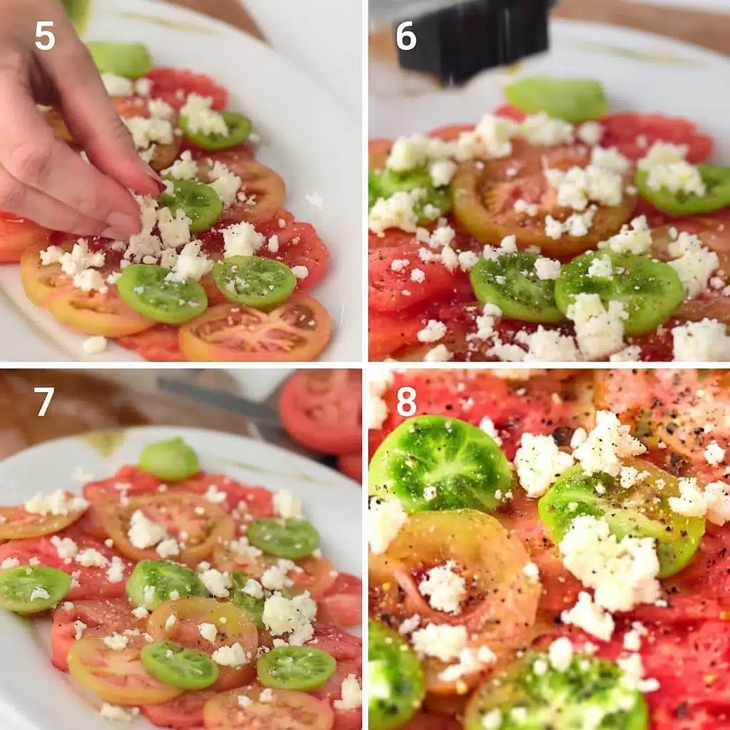 Step-by-step collage showing final steps of heirloom tomato salad recipe including adding feta and seasoning.