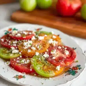 Close-up of heirloom tomato salad recipe with crumbled feta cheese and black pepper on a white ceramic plate.