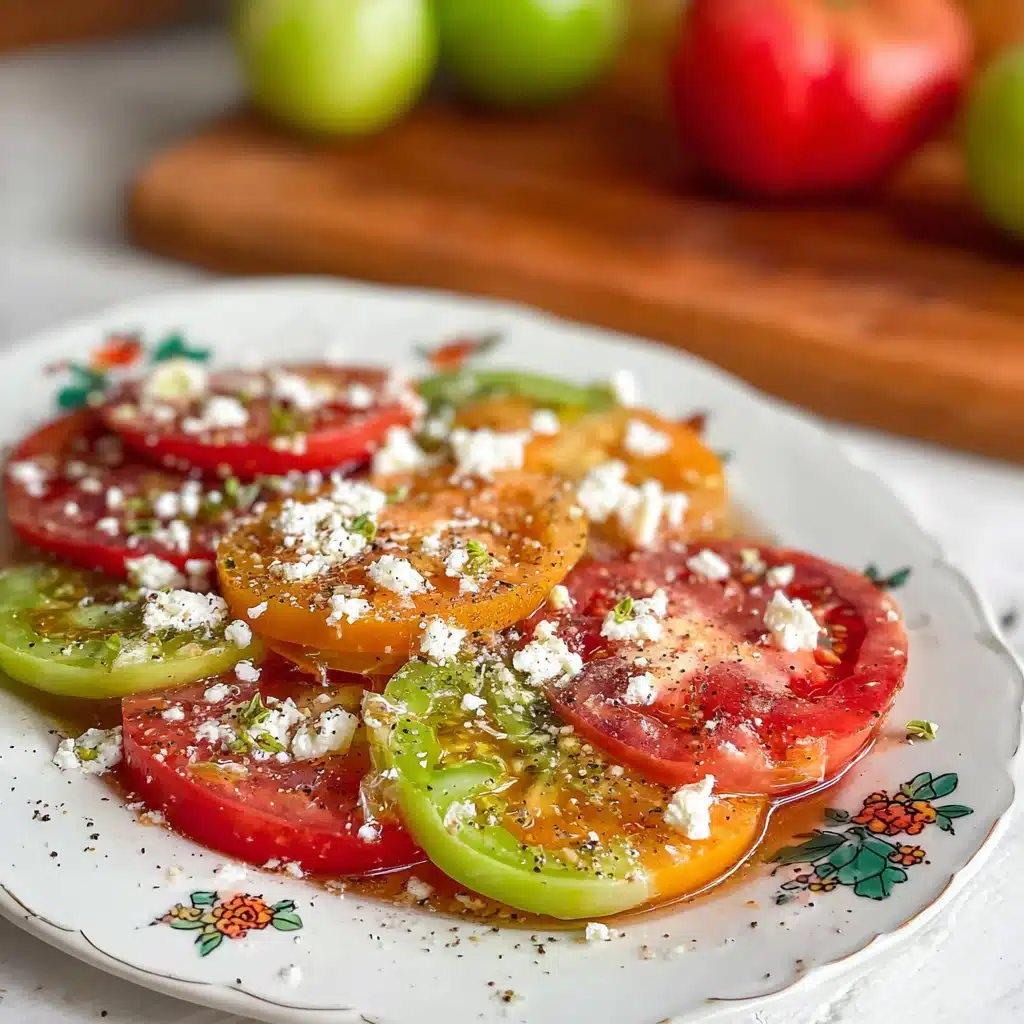 Close-up of heirloom tomato salad recipe with crumbled feta cheese and black pepper on a white ceramic plate.