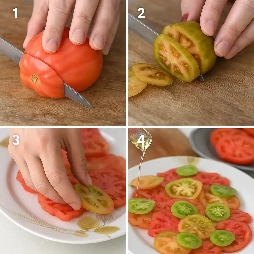 Step-by-step collage showing how to prepare an heirloom tomato salad recipe with fresh slicing and olive oil drizzle.