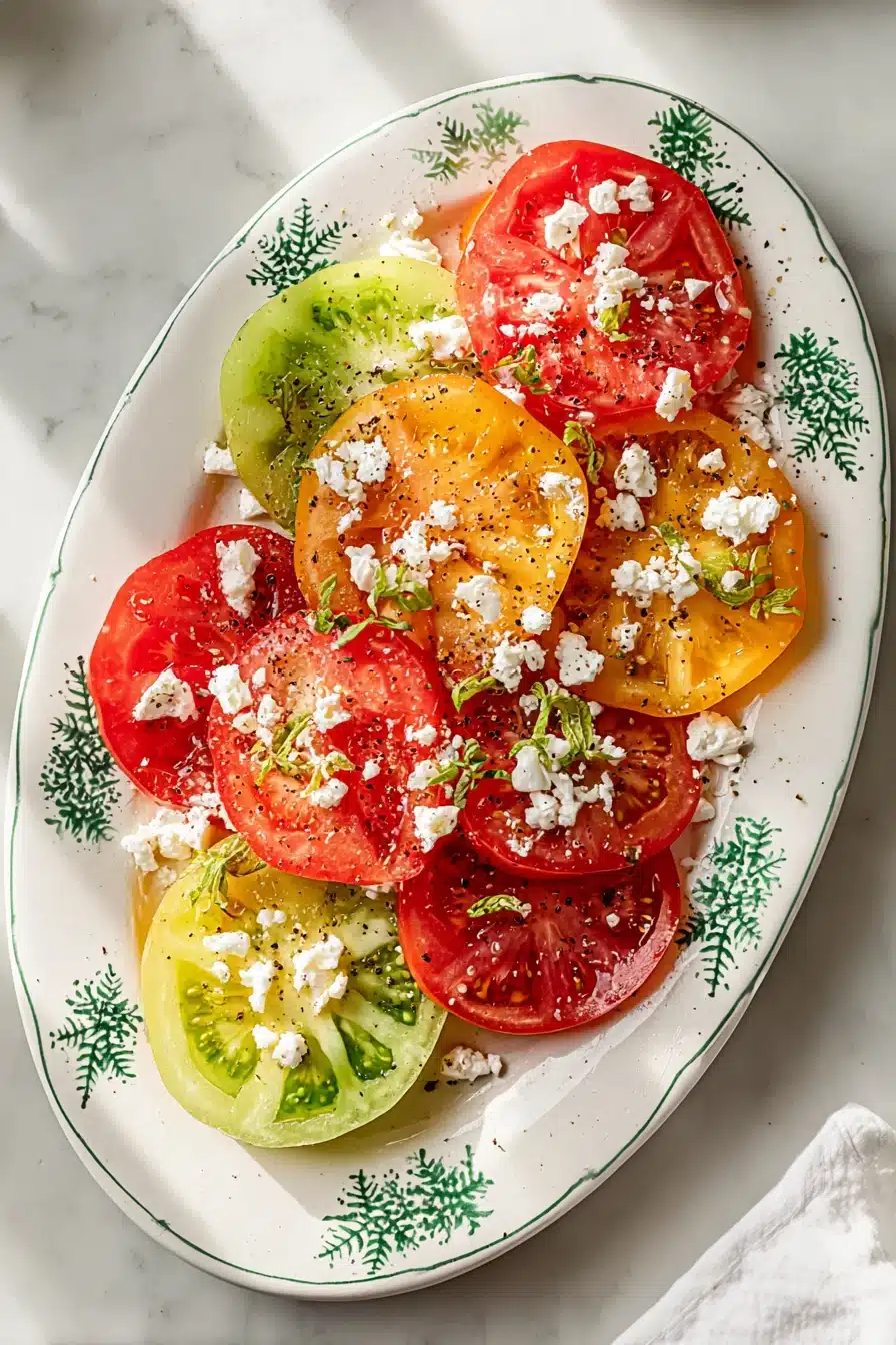 Top-down view of heirloom tomato salad recipe with feta and pepper on a white leaf-patterned plate.