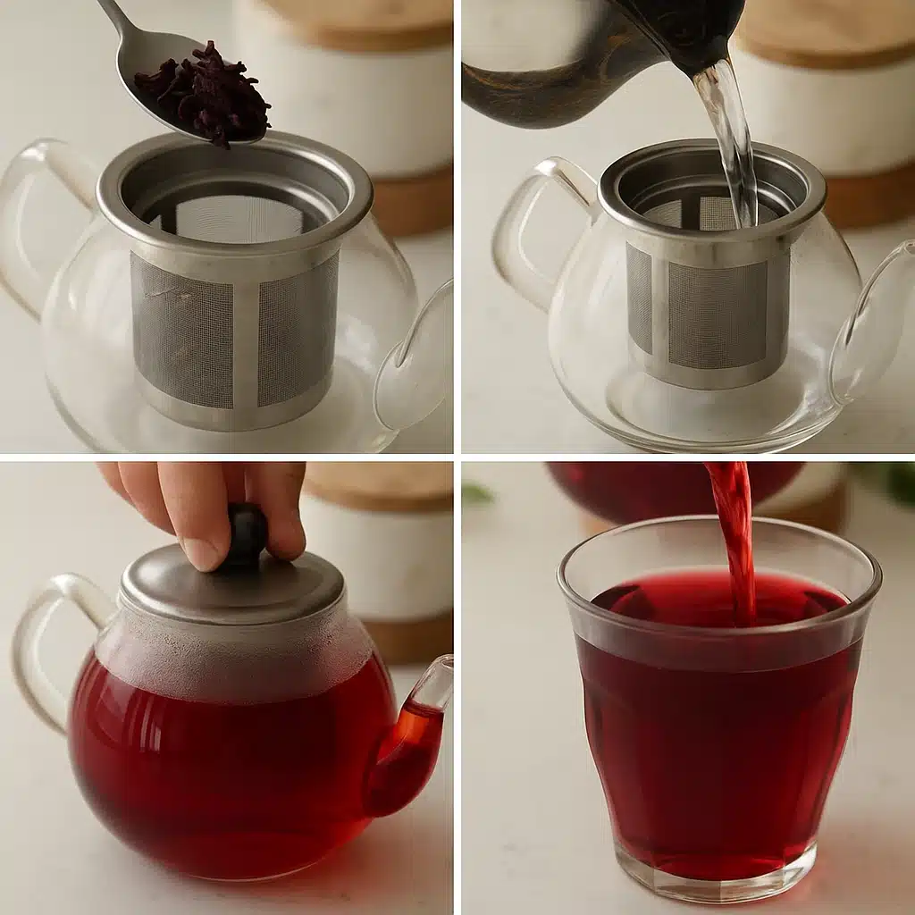 Step-by-step hibiscus tea recipe for weight loss with dried petals and glass teapot