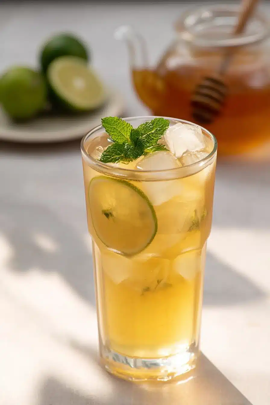 Tall glass of iced yerba mate recipe with lime and mint