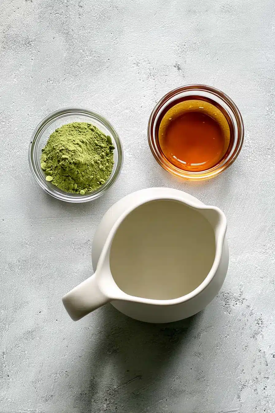 Ingredients for Low Calorie Iced Matcha Latte including matcha powder and syrup