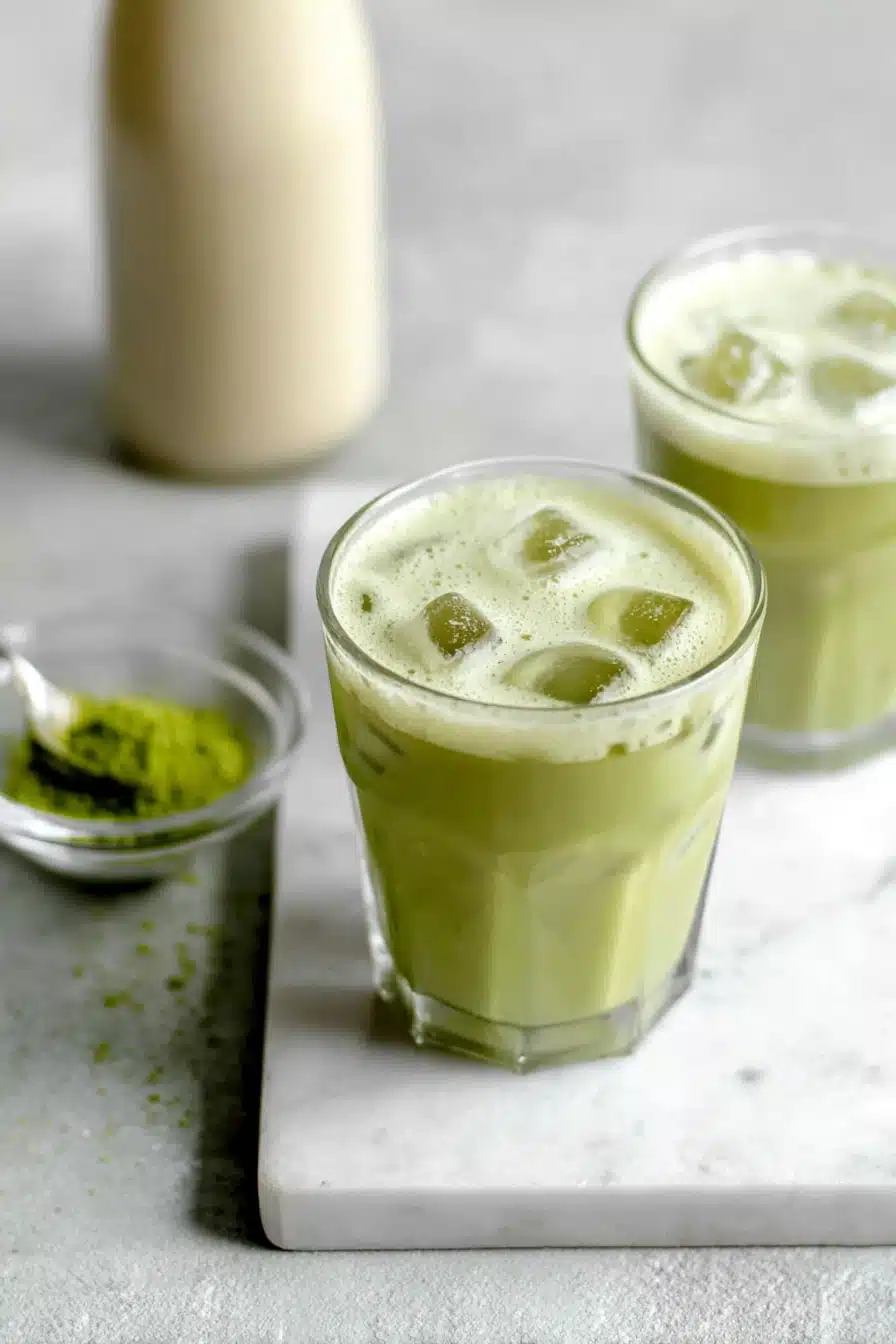 Low Calorie Iced Matcha Latte in glasses with almond milk bottle
