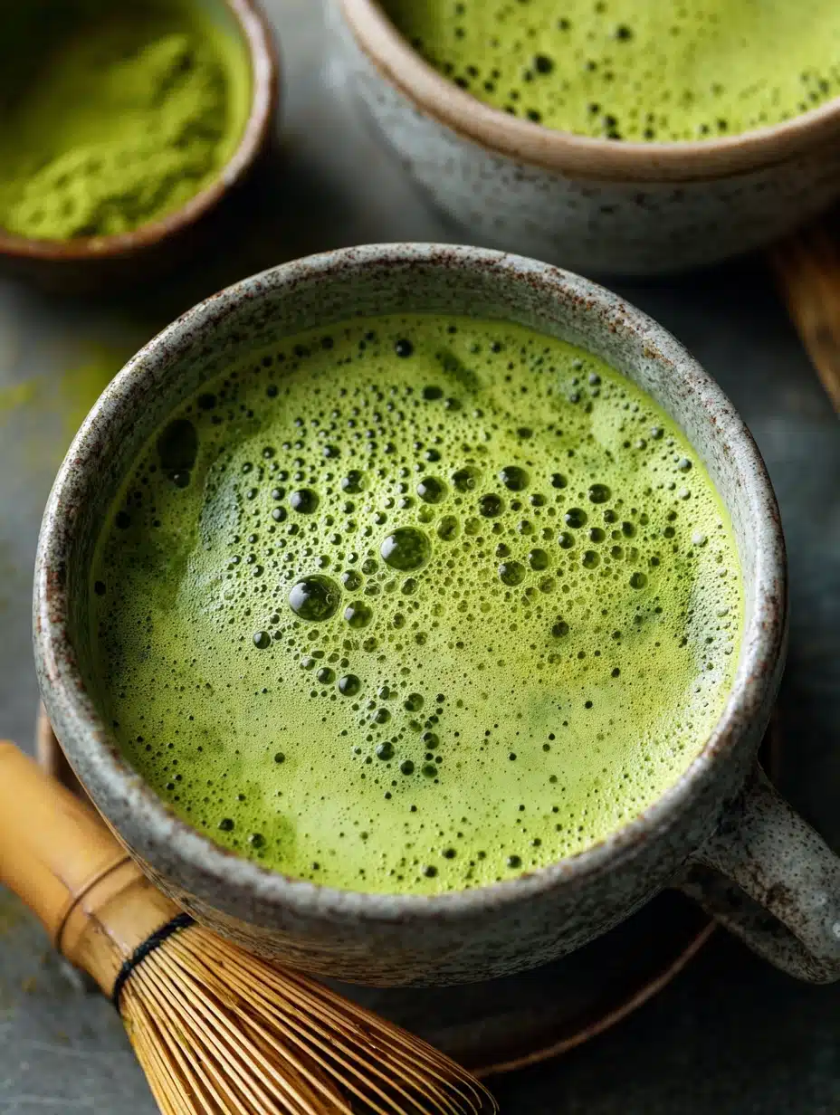 Speckled ceramic cup of frothy matcha tea with a bamboo whisk resting beside it