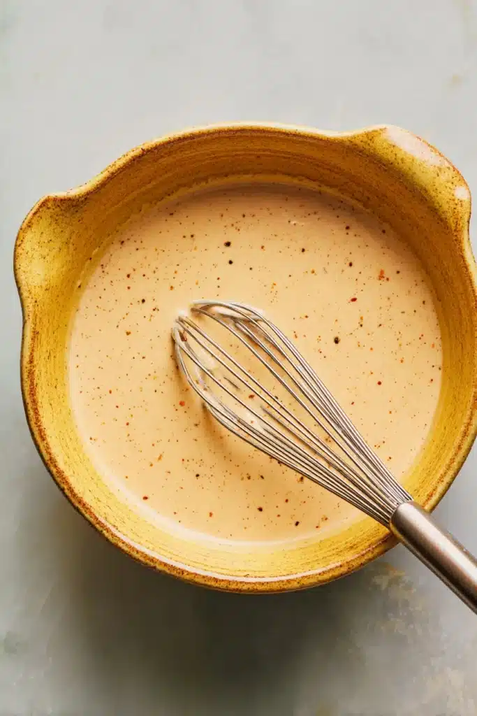 Street Corn Pasta Salad creamy dressing in a yellow bowl with whisk