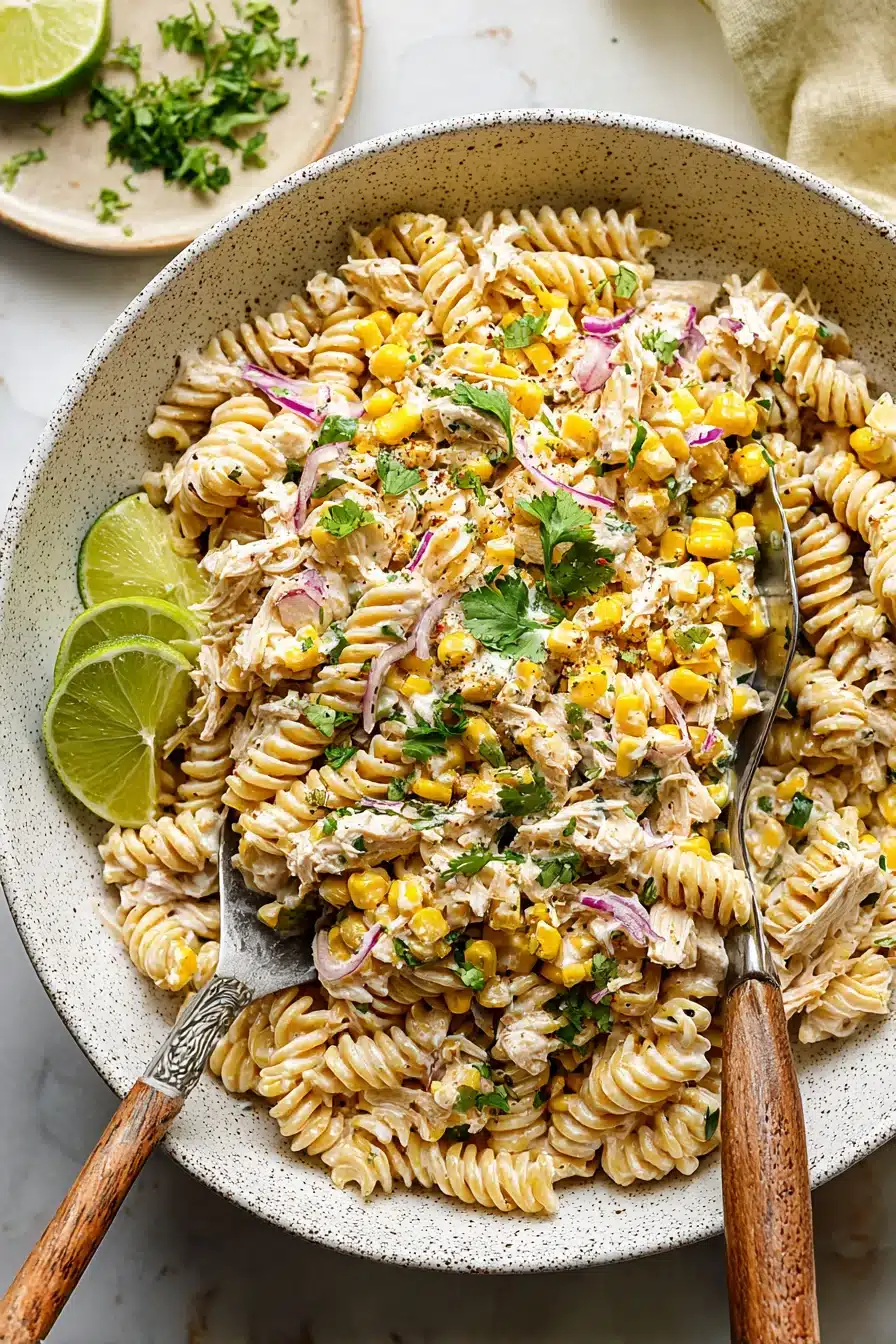 Street Corn Pasta Salad fully mixed in white bowl with lime and cilantro