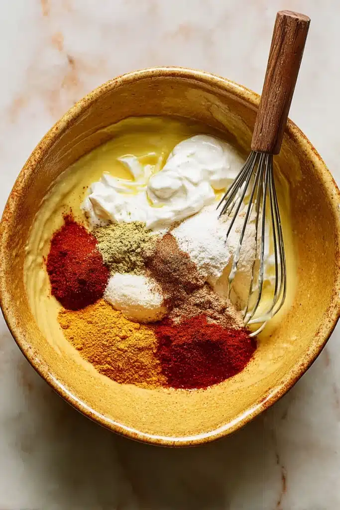 Unmixed Street Corn Pasta Salad dressing ingredients in yellow bowl