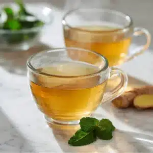 Clear glass teacups of golden tummy tea with fresh mint and ginger on white marble
