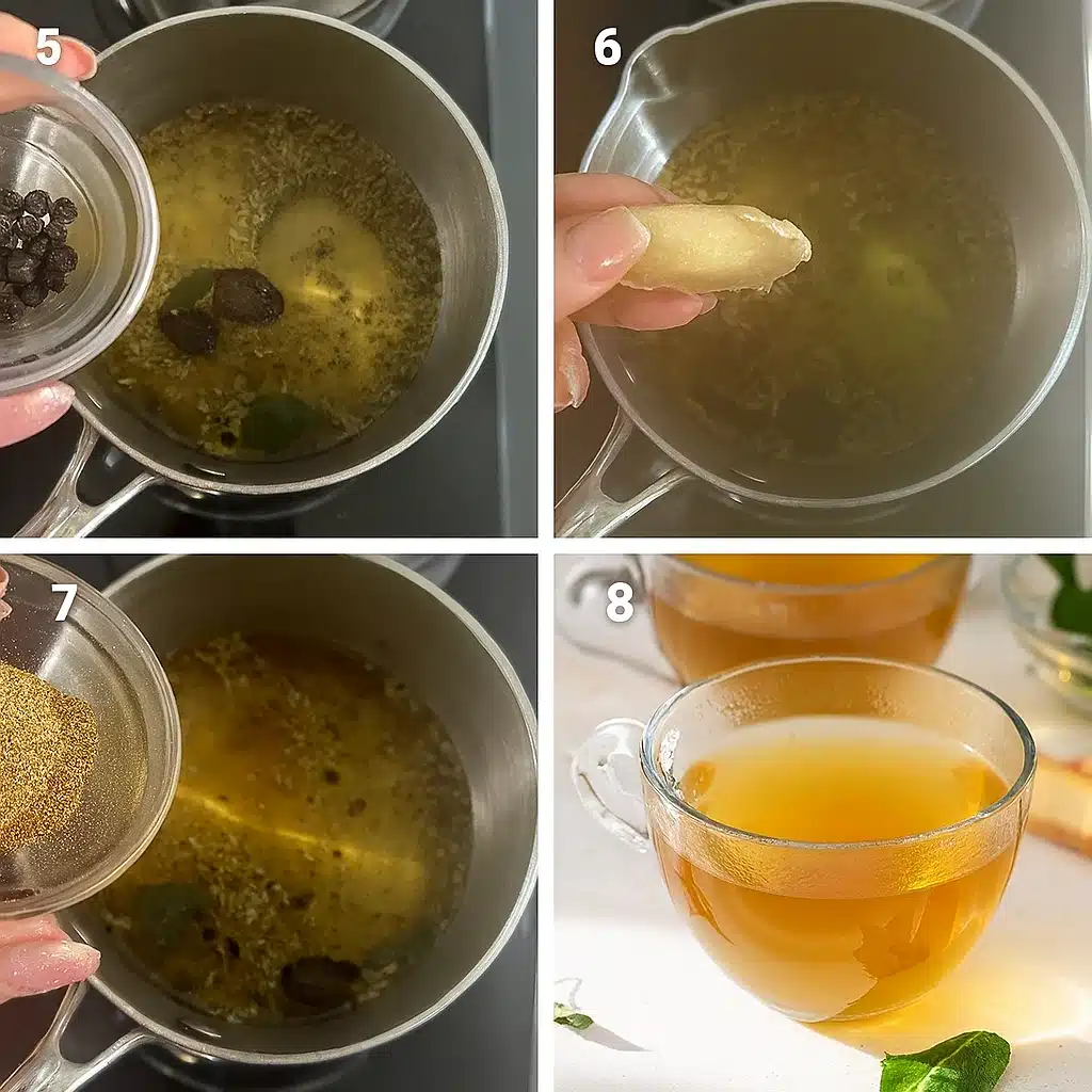 Final steps of tummy tea recipe with black pepper, ginger, chamomile, and served tea