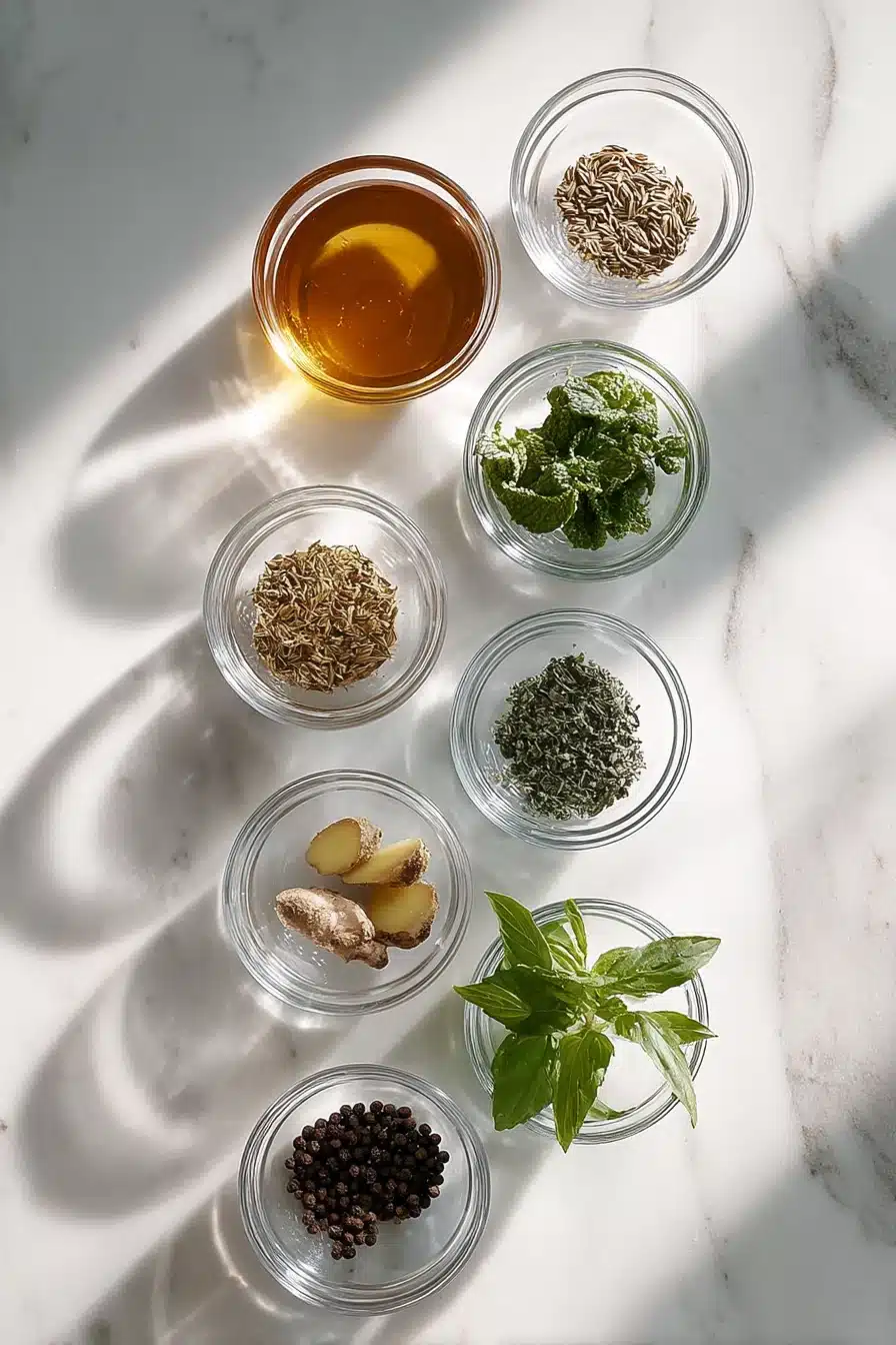 Flat lay of tummy tea ingredients in glass bowls on white marble