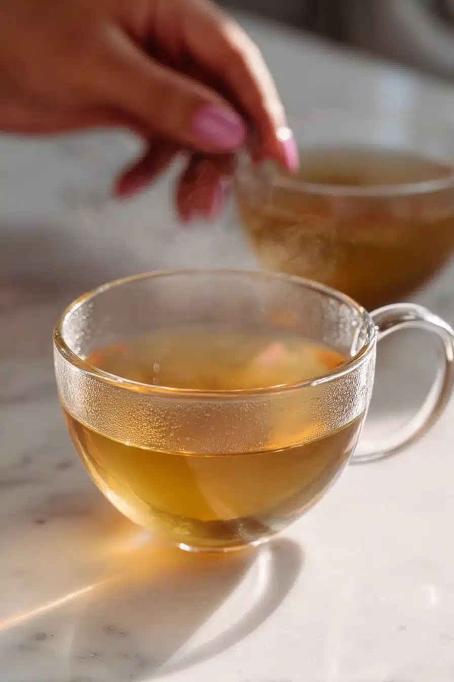 Close-up of freshly brewed tummy tea in glass cup on marble surface