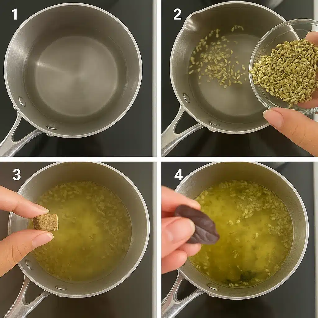 Step-by-step collage of tummy tea recipe in a saucepan with fennel, licorice, and basil
