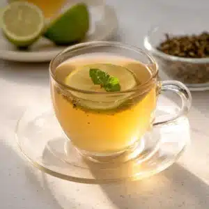A glass cup of yerba mate tea with lime and mint