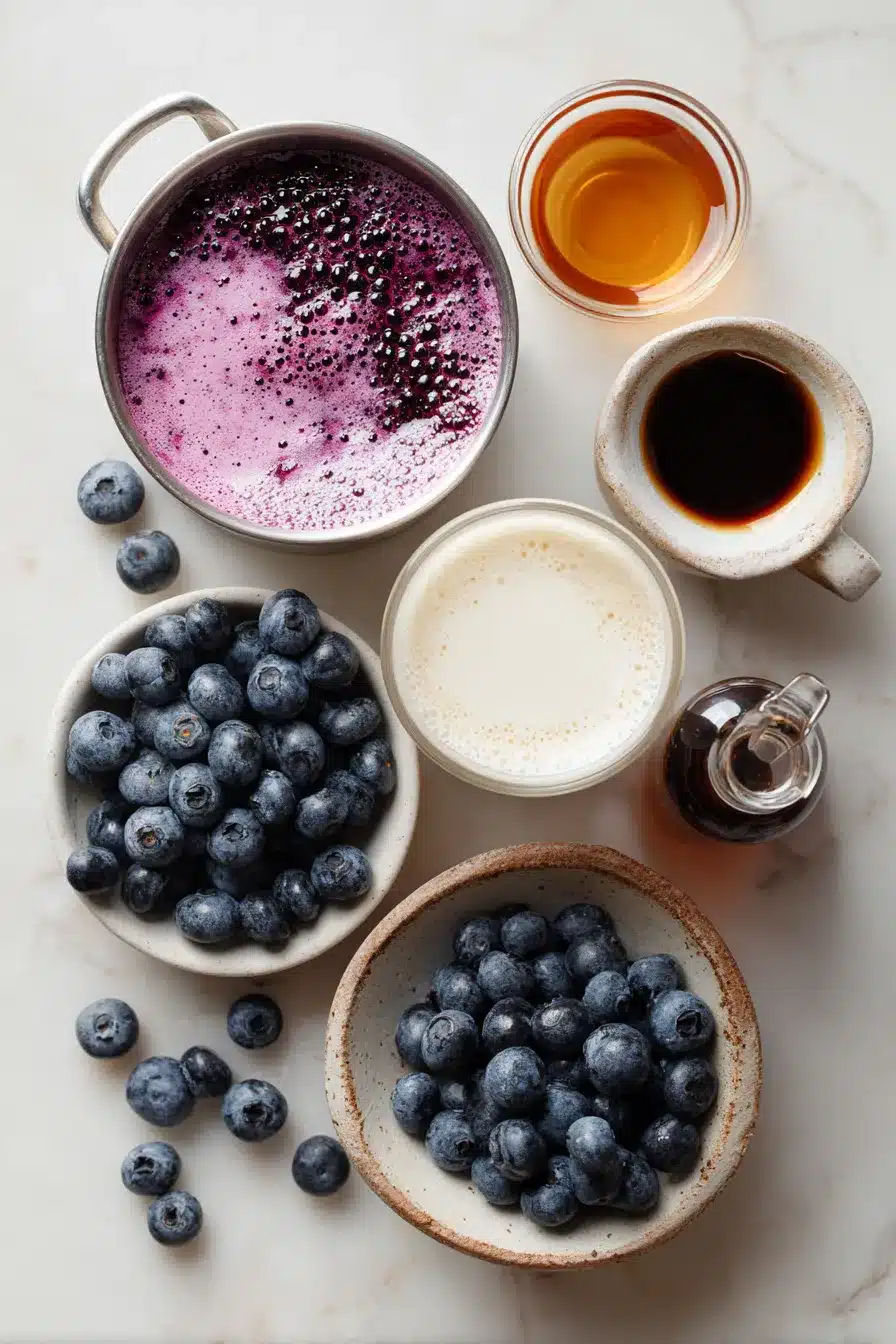 Flat lay of blueberry latte ingredients including blueberries, espresso, oat milk, and maple syrup on white marble