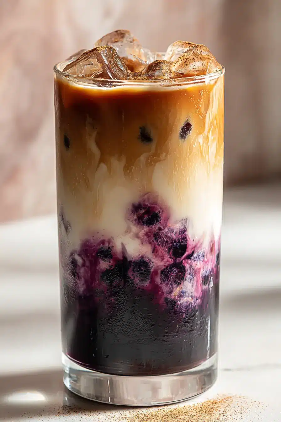 Close-up of layered blueberry iced latte in a tall glass with swirling colors
