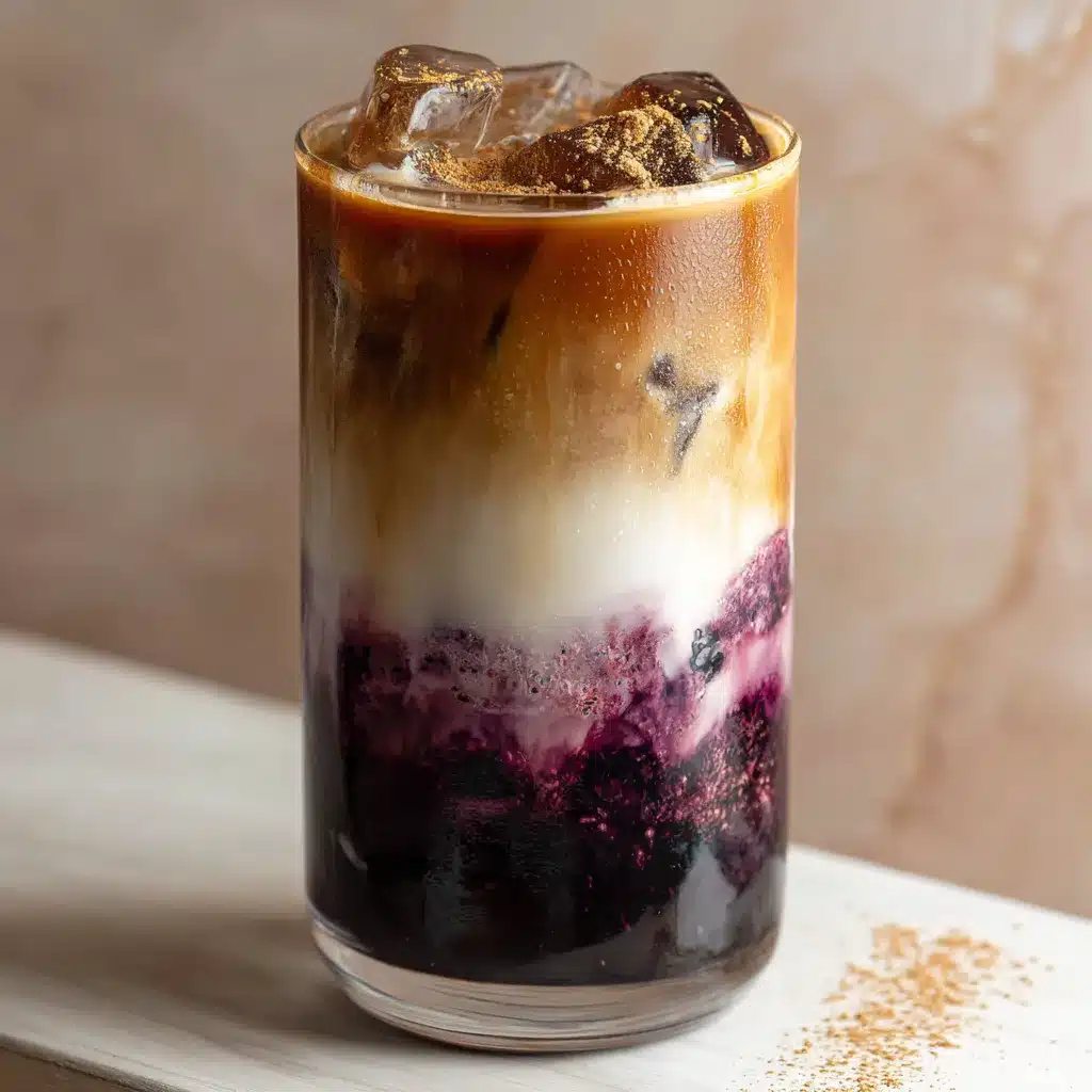 Iced blueberry latte with cinnamon topping in a tall glass
