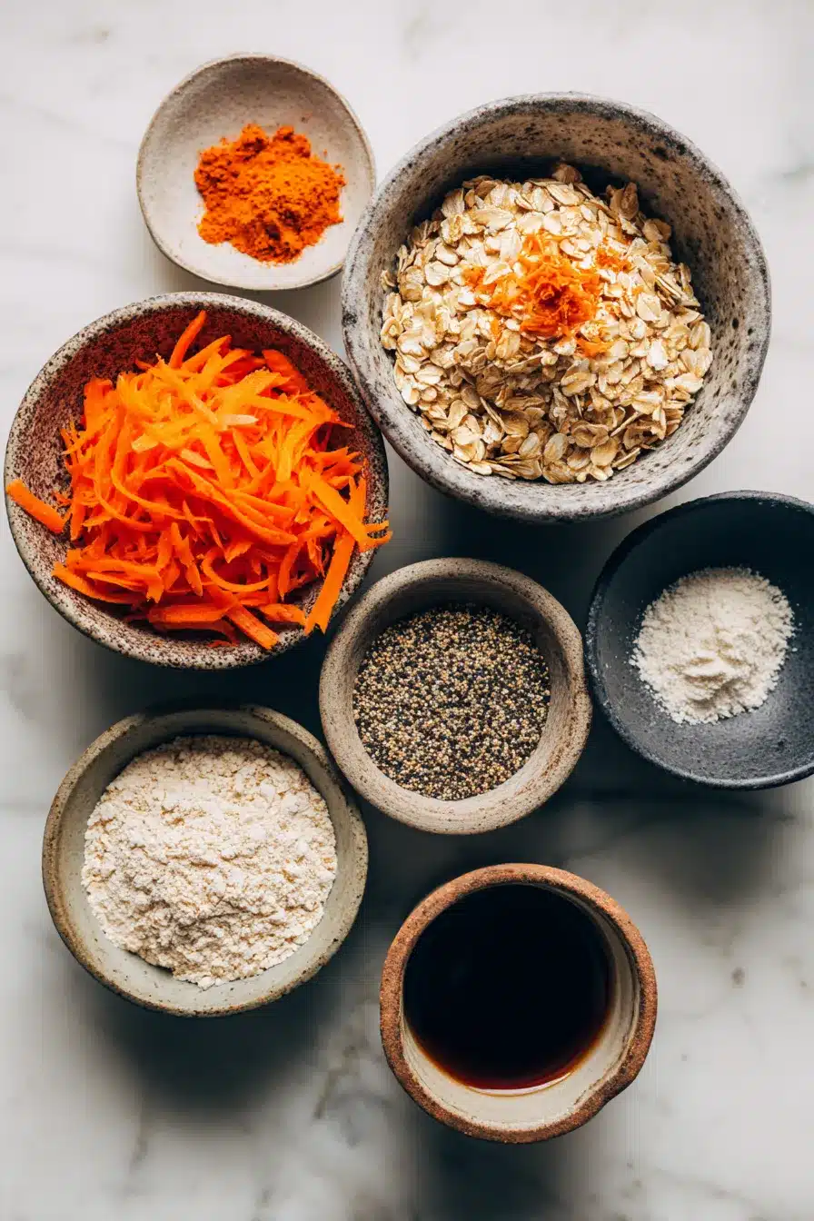 Flat lay of carrot cake oatmeal cookie ingredients in rustic bowls on a marble surface.