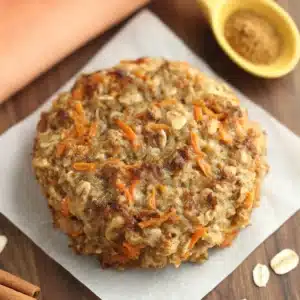 Close-up of a carrot cake oatmeal cookie with visible oats and carrot shreds on parchment paper.