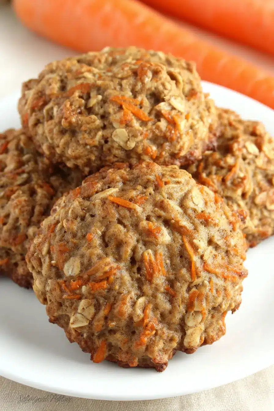Three carrot cake oatmeal cookies on a white plate, highlighting their texture.