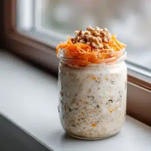 Jar of carrot cake overnight oats topped with shredded carrot and walnuts on a windowsill
