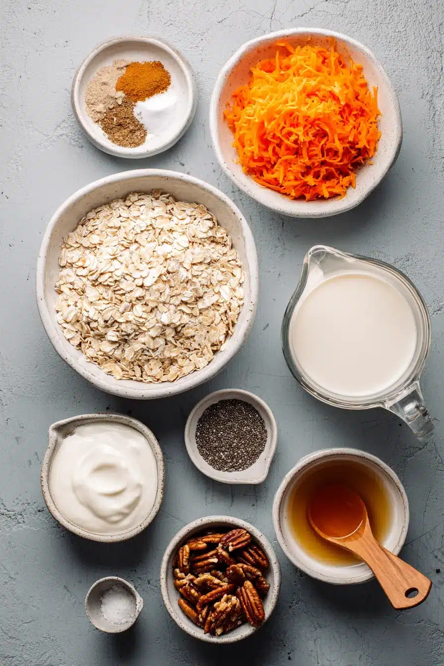 Flat lay of carrot cake overnight oats ingredients including grated carrot, rolled oats, dairy-free yogurt, non-dairy milk, maple syrup, vanilla, chia seeds, and spices