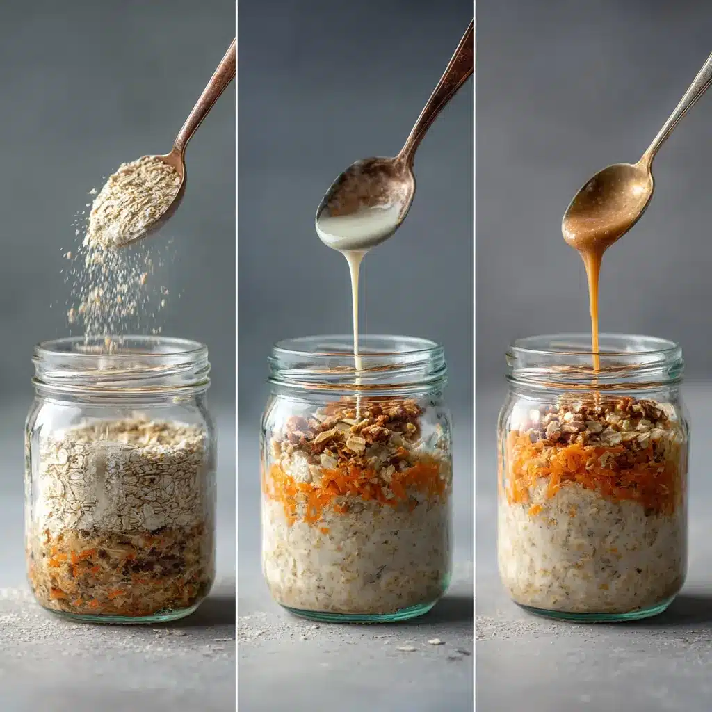 Step-by-step layering of carrot cake overnight oats in a jar with oats, milk, and syrup