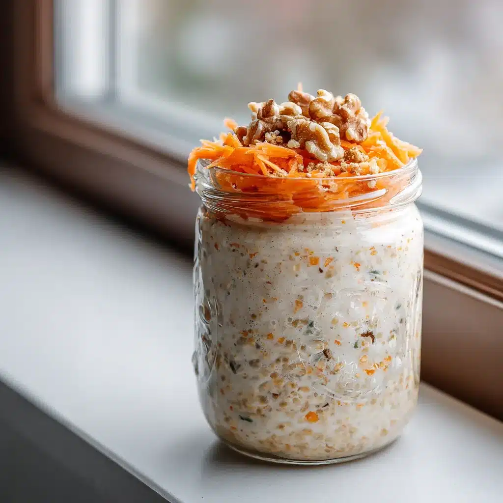 Jar of carrot cake overnight oats topped with shredded carrot and walnuts on a windowsill