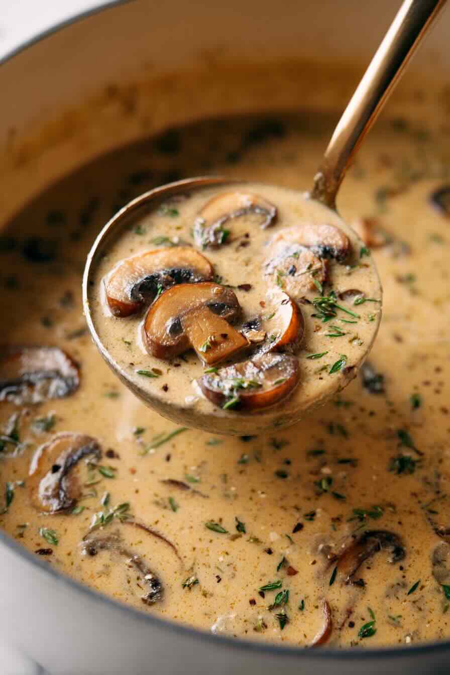 Ladle serving creamy vegan mushroom soup with mushrooms and herbs