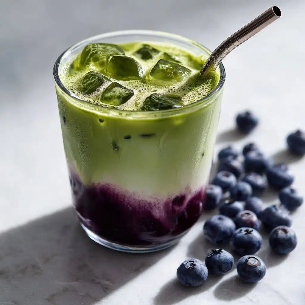 Iced blueberry matcha latte in a short glass with fresh blueberries