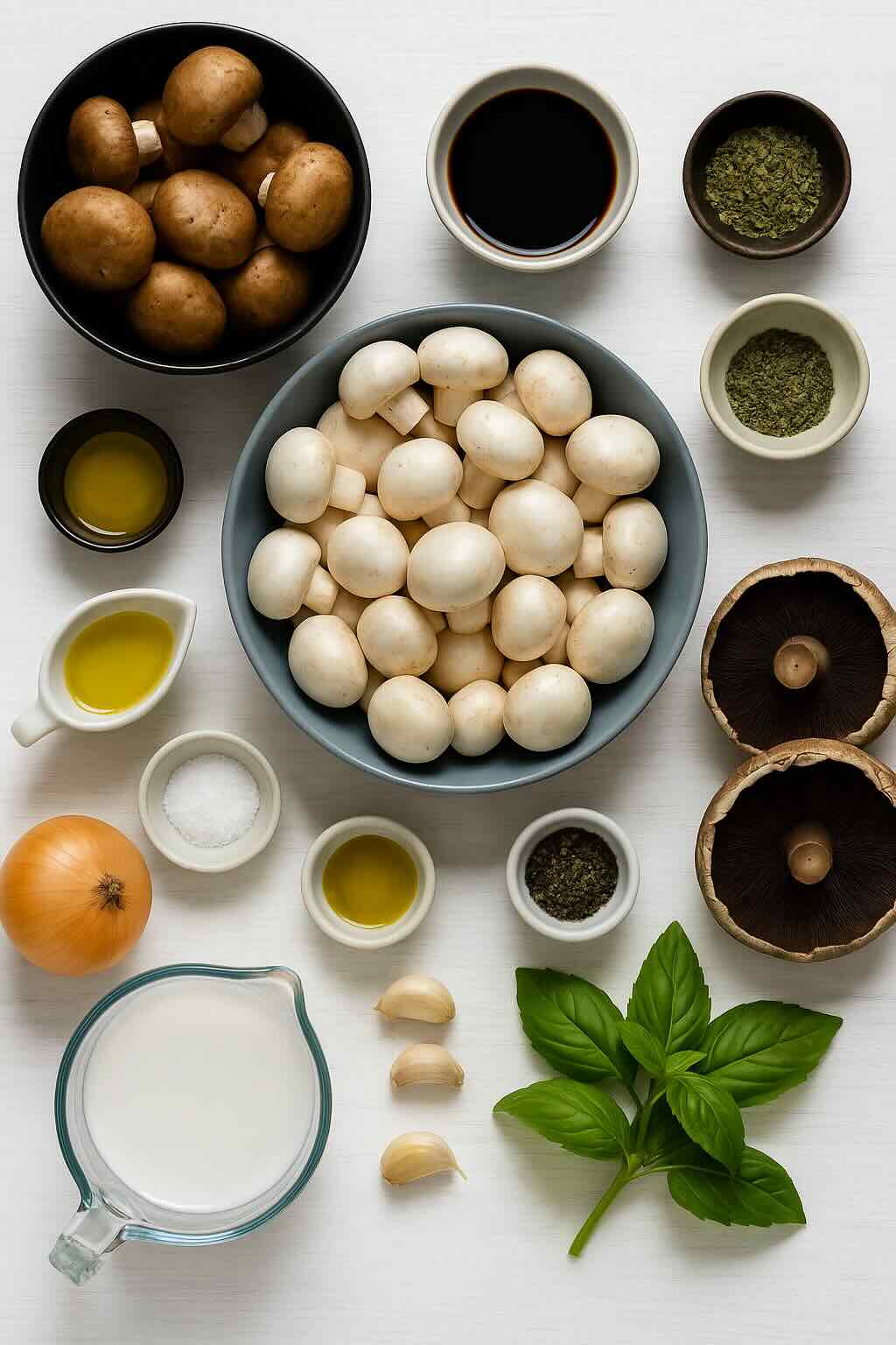 Flat lay of fresh vegan mushroom soup ingredients on white background