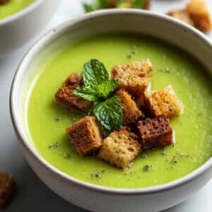 Vegan pea soup with croutons and mint garnish in a white bowl