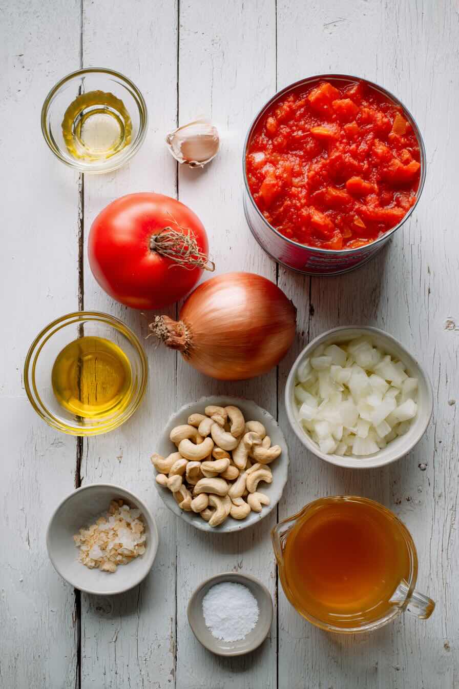 Fresh vegan tomato soup ingredients flat lay on white wood background