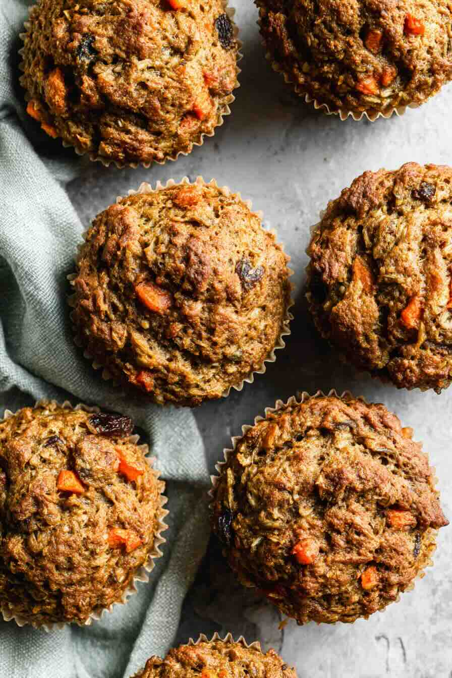 Overhead shot of baked Morning Glory Muffins with carrots and raisins
