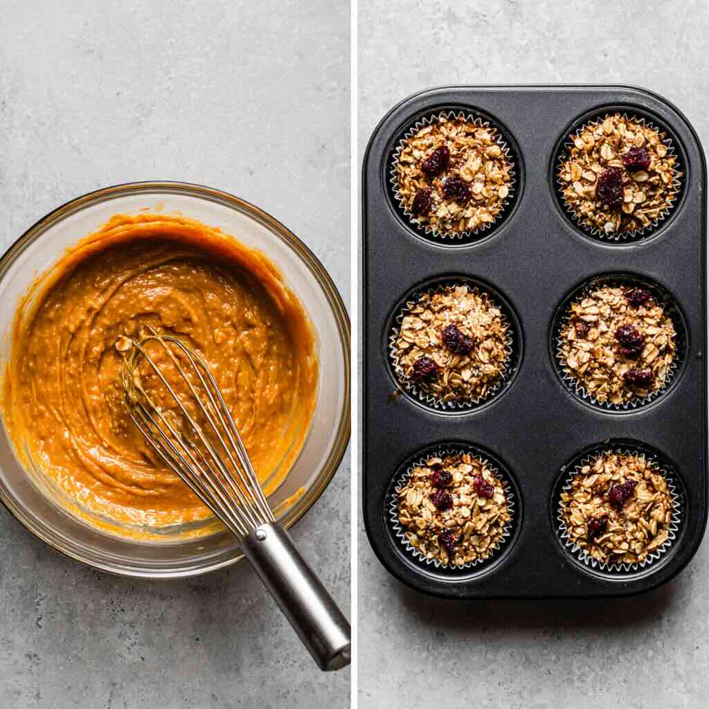 Pumpkin baked oatmeal batter and filled muffin tin side-by-side